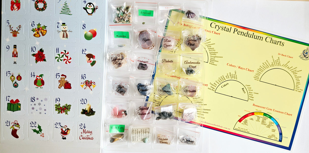 Advent calendar filled with 23 gemstones, Pendulum & Pendulum Chart