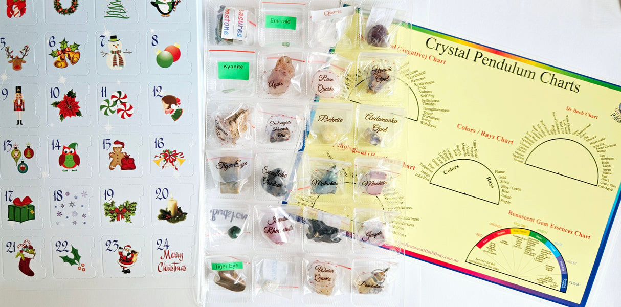 Advent calendar filled with 23 gemstones, Pendulum & Pendulum Chart