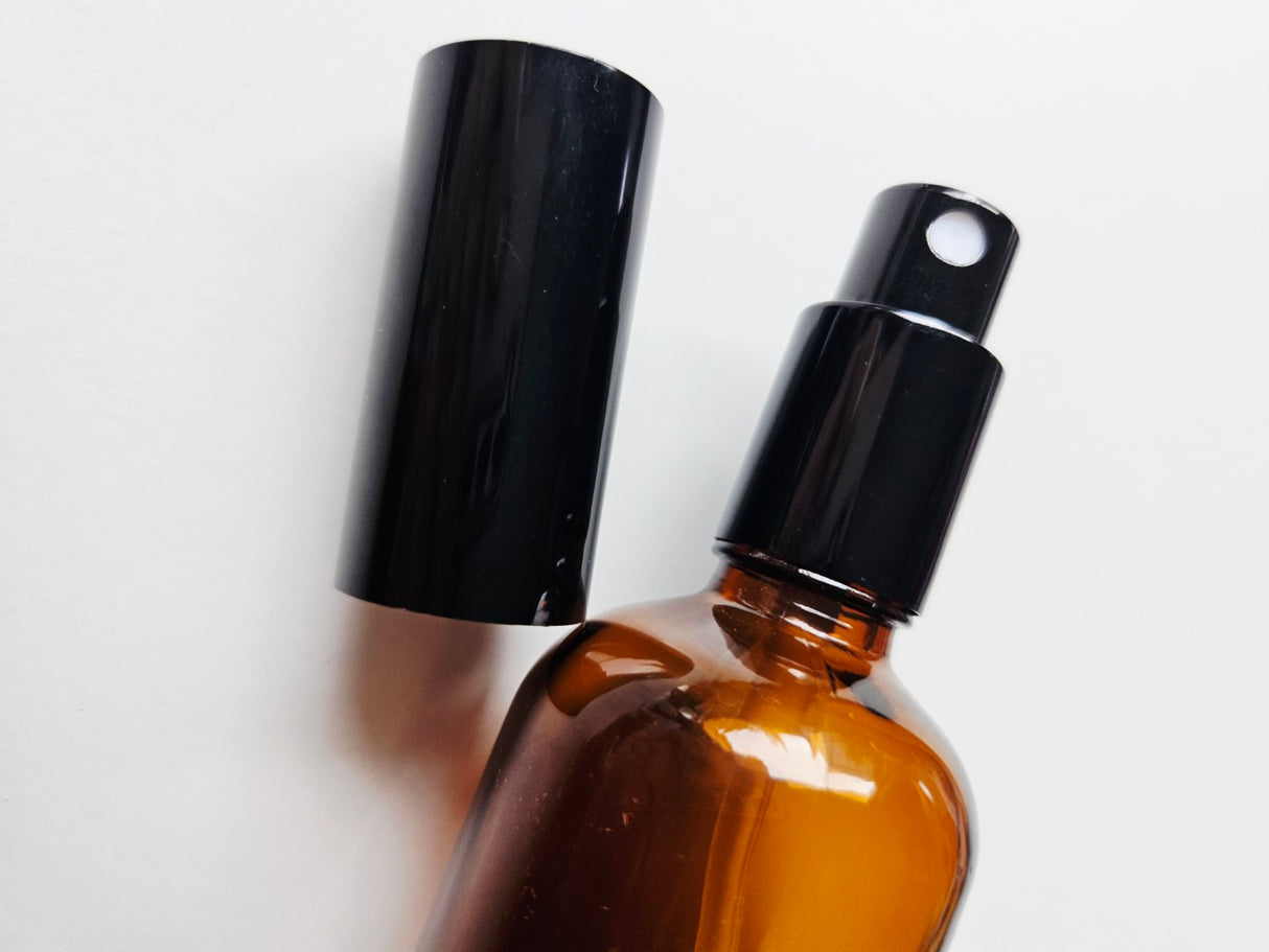 100ml Amber Glass Bottle with Spray Mister/ Black Cap