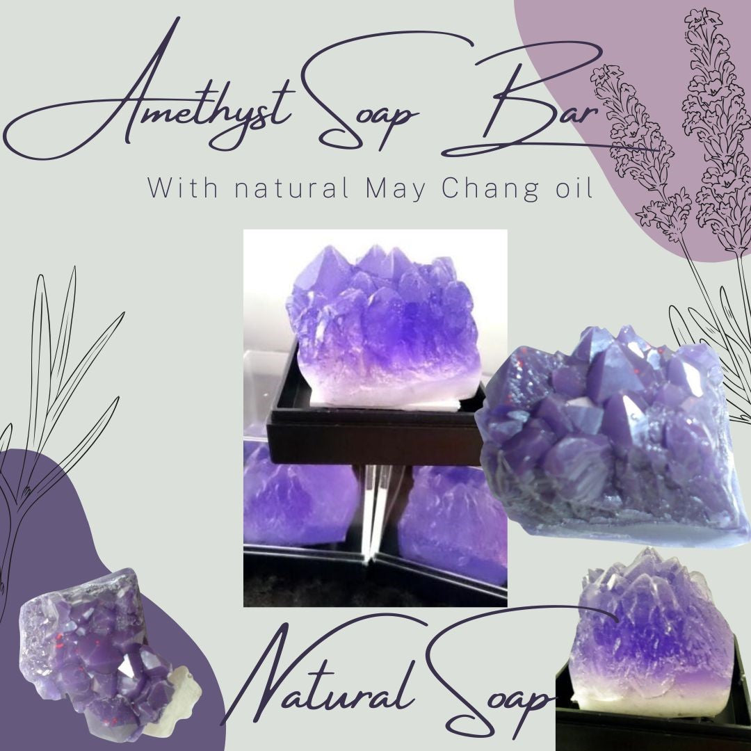 Amethyst Cluster Gem Specimen Soap Bar (WS available) Gift Boxed + Stand
