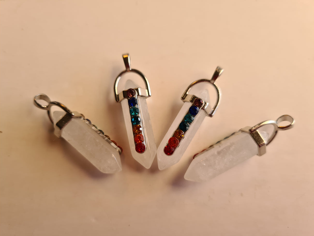 Chakra Gemstone Polished Genuine Pendant (7 stones + Quartz Point)
