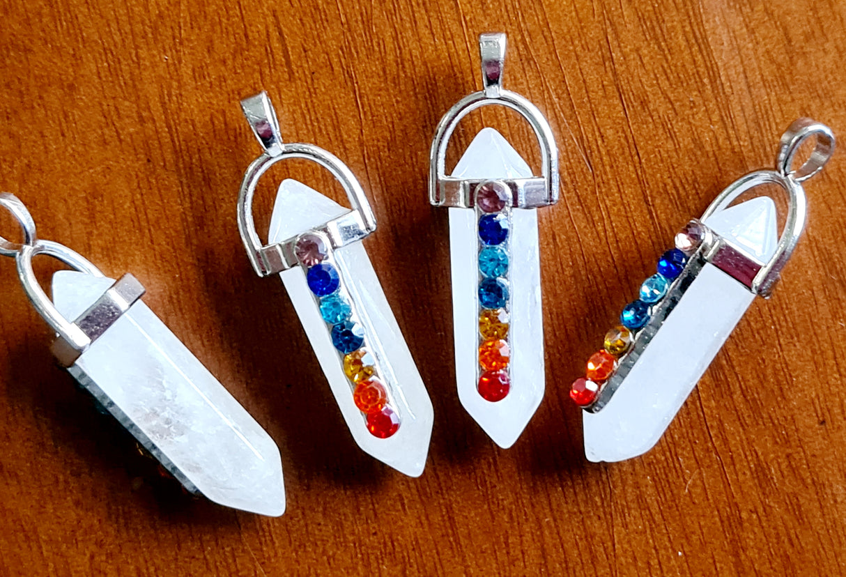 Chakra Gemstone Polished Genuine Pendant (7 stones + Quartz Point)