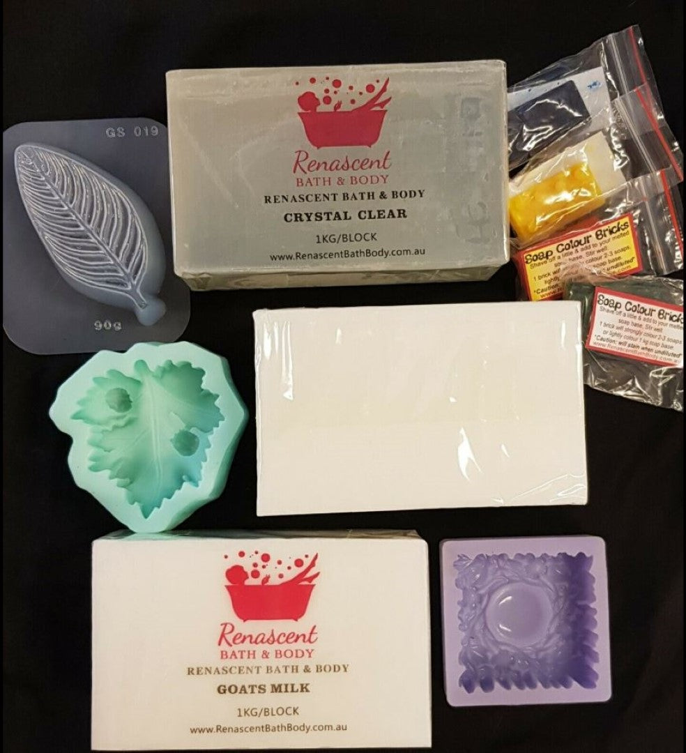 SOAP MAKING KIT: 3kg Clear White Goats Milk Base Leaf +2 Silicone mould 2 Colors
