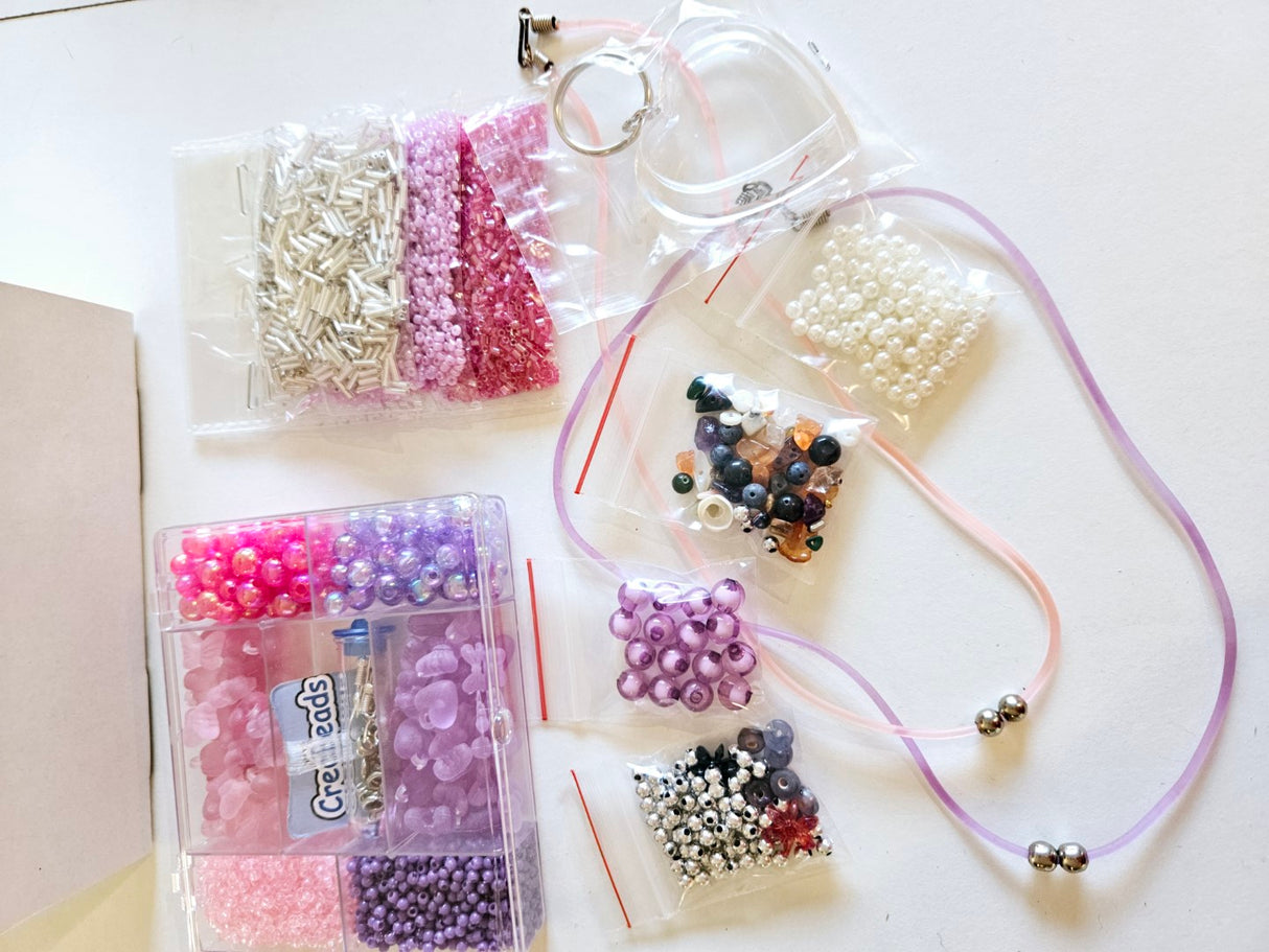Pretty in Pink Bead set with Heart Key ring - Gems Crystals