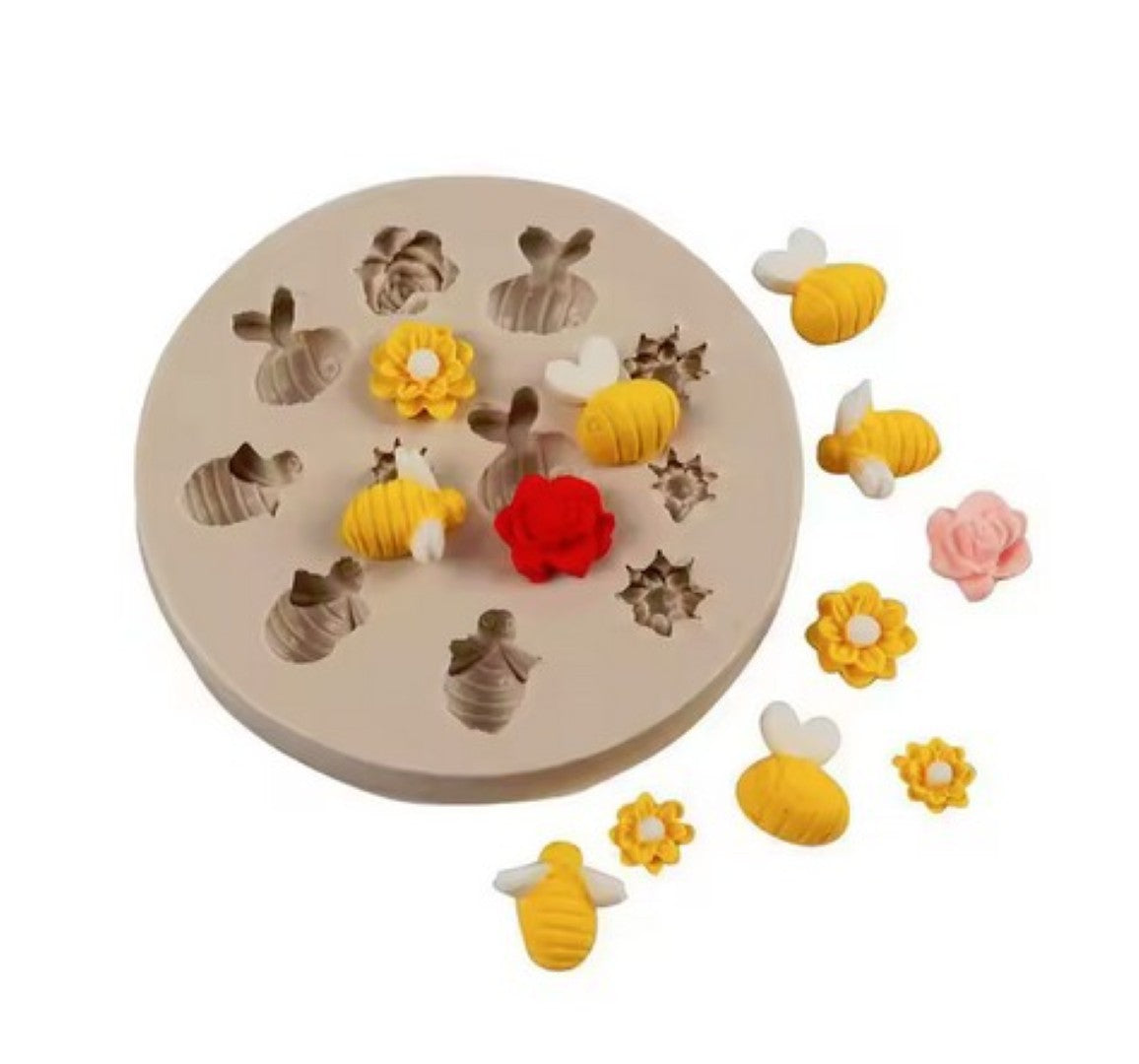 HoneyBee Flowers (11 - 6 Bees, 5 Flowers) Embed Silicone Mould
