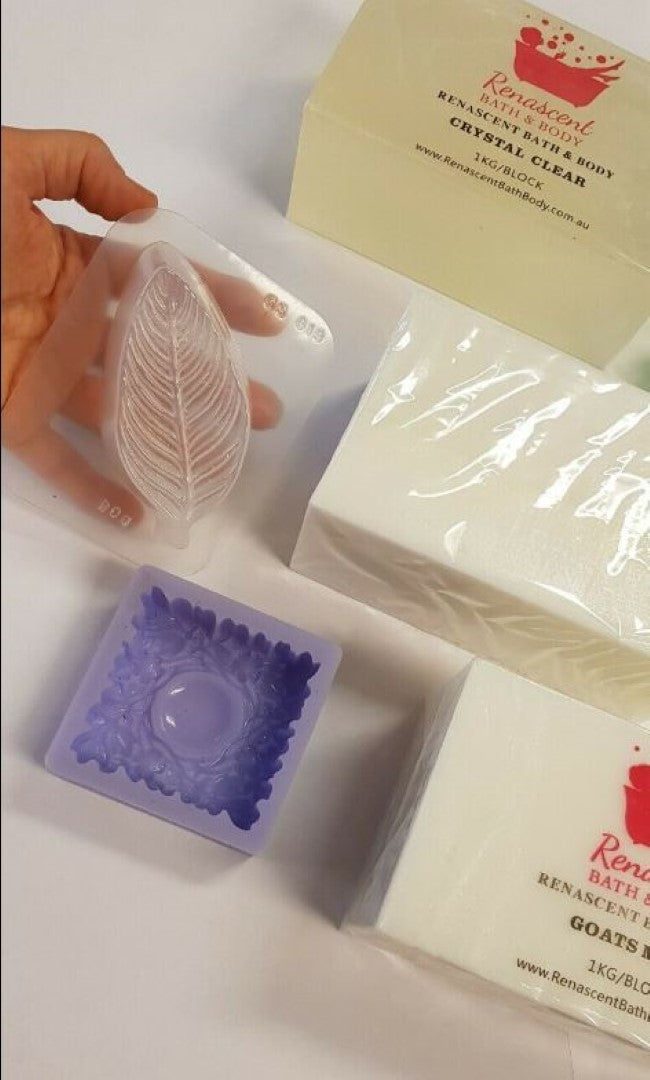 SOAP MAKING KIT: 3kg Clear White Goats Milk Base Leaf +2 Silicone mould 2 Colors